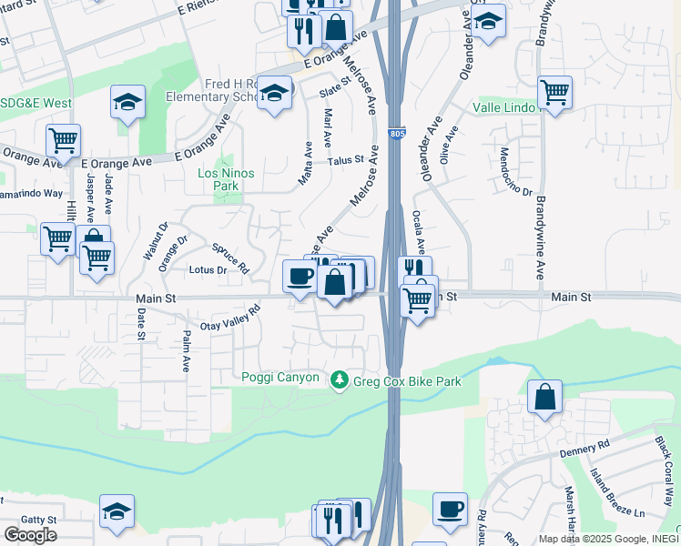 map of restaurants, bars, coffee shops, grocery stores, and more near 4356 Otay Valley Road in Chula Vista