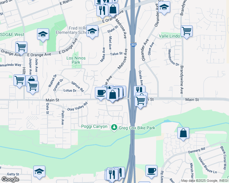 map of restaurants, bars, coffee shops, grocery stores, and more near 1685 Melrose Avenue in Chula Vista