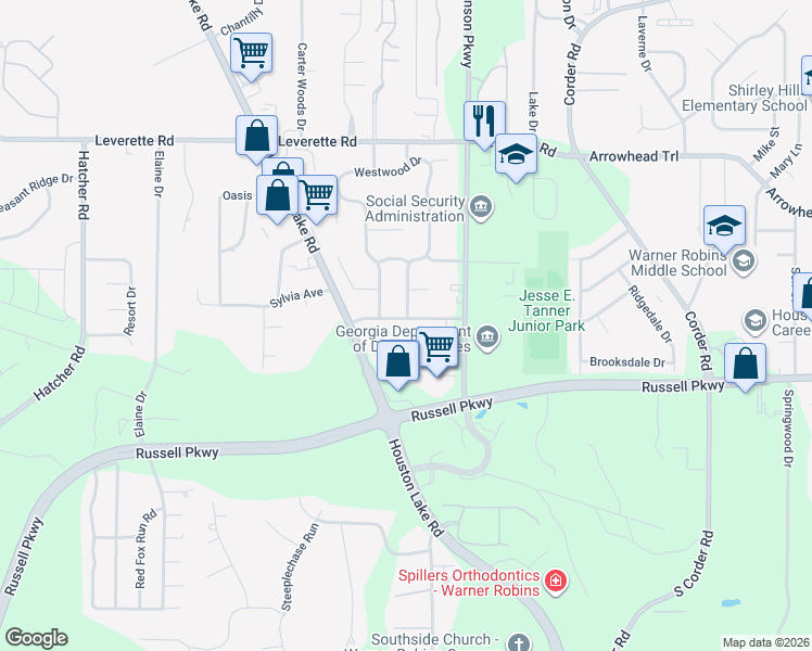 map of restaurants, bars, coffee shops, grocery stores, and more near 302 Esplanade Drive in Warner Robins
