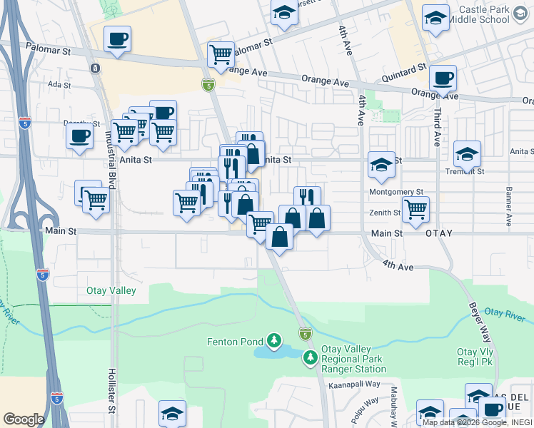 map of restaurants, bars, coffee shops, grocery stores, and more near 1689 Broadway in Chula Vista