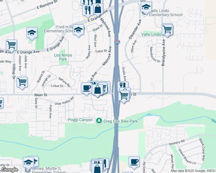 map of restaurants, bars, coffee shops, grocery stores, and more near 1691 Melrose Avenue in Chula Vista