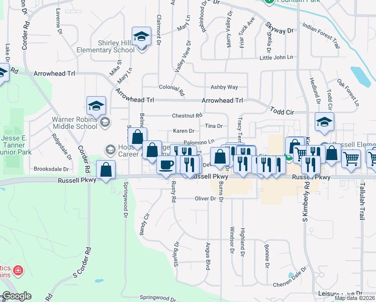map of restaurants, bars, coffee shops, grocery stores, and more near 209 Palomino Lane in Warner Robins