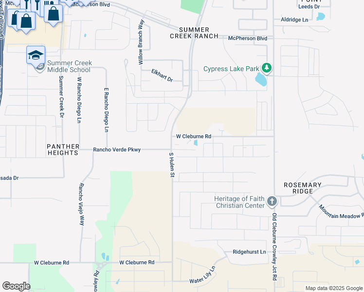 map of restaurants, bars, coffee shops, grocery stores, and more near 10255 West Cleburne Road in Crowley
