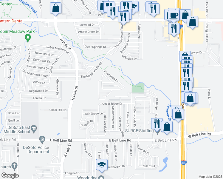 map of restaurants, bars, coffee shops, grocery stores, and more near 999 Hideaway Place in DeSoto