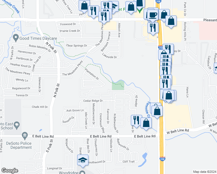 map of restaurants, bars, coffee shops, grocery stores, and more near 1129 Crestwood Court in DeSoto