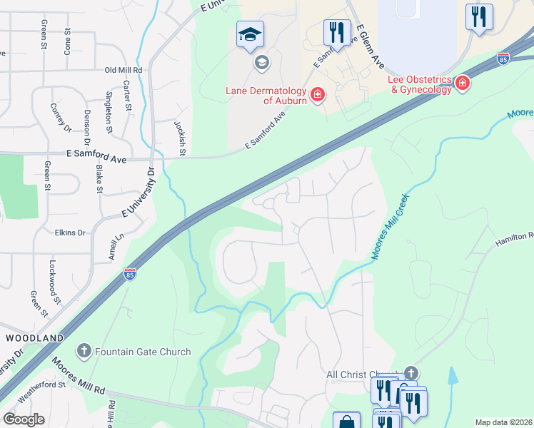 map of restaurants, bars, coffee shops, grocery stores, and more near Interstate 85 in Auburn