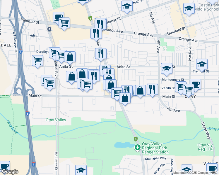 map of restaurants, bars, coffee shops, grocery stores, and more near 1660 Broadway in Chula Vista
