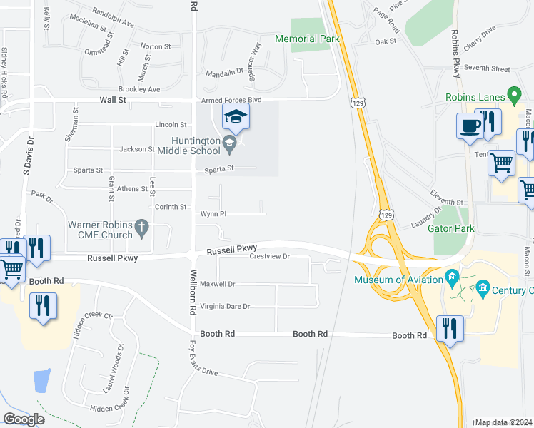 map of restaurants, bars, coffee shops, grocery stores, and more near 298 Wynn Place in Warner Robins