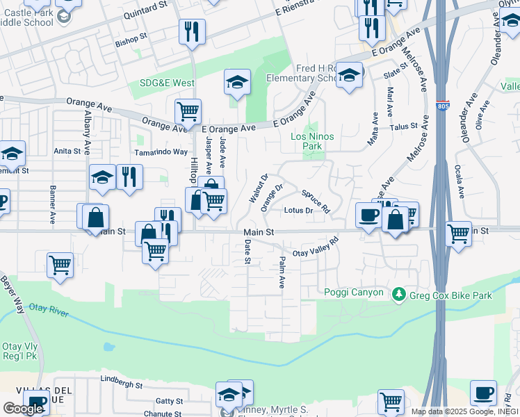 map of restaurants, bars, coffee shops, grocery stores, and more near 110 Orange Drive in Chula Vista