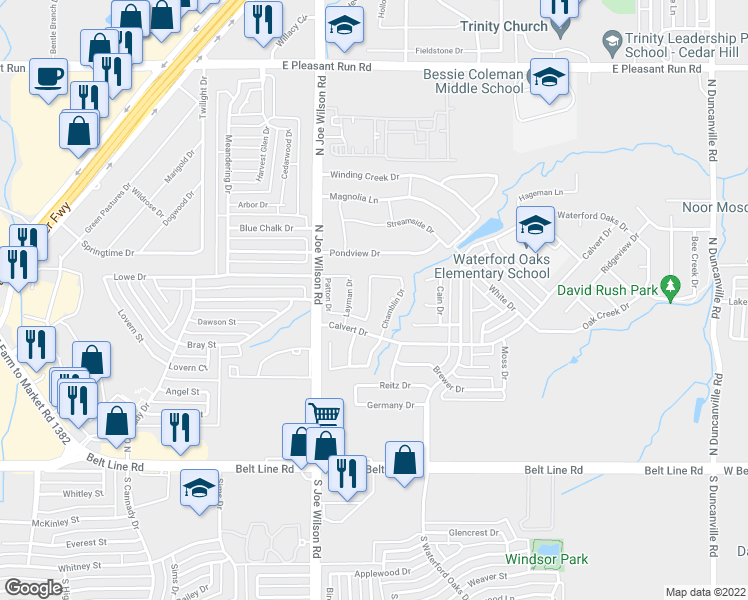 map of restaurants, bars, coffee shops, grocery stores, and more near 215 Armstrong Drive in Cedar Hill