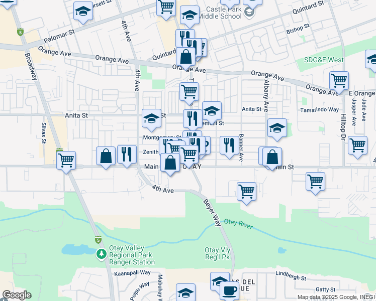 map of restaurants, bars, coffee shops, grocery stores, and more near 1637 3rd Avenue in Chula Vista