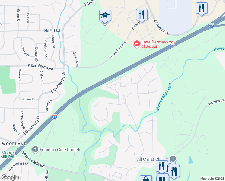map of restaurants, bars, coffee shops, grocery stores, and more near Interstate 85 in Auburn
