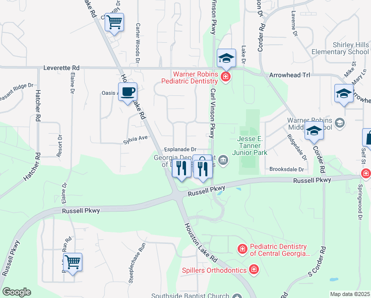 map of restaurants, bars, coffee shops, grocery stores, and more near 301 Esplanade Drive in Warner Robins