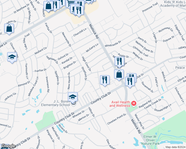 map of restaurants, bars, coffee shops, grocery stores, and more near 1610 Hastings Drive in Mansfield