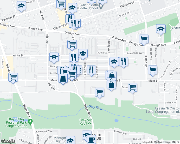 map of restaurants, bars, coffee shops, grocery stores, and more near 227 Montgomery Street in Chula Vista