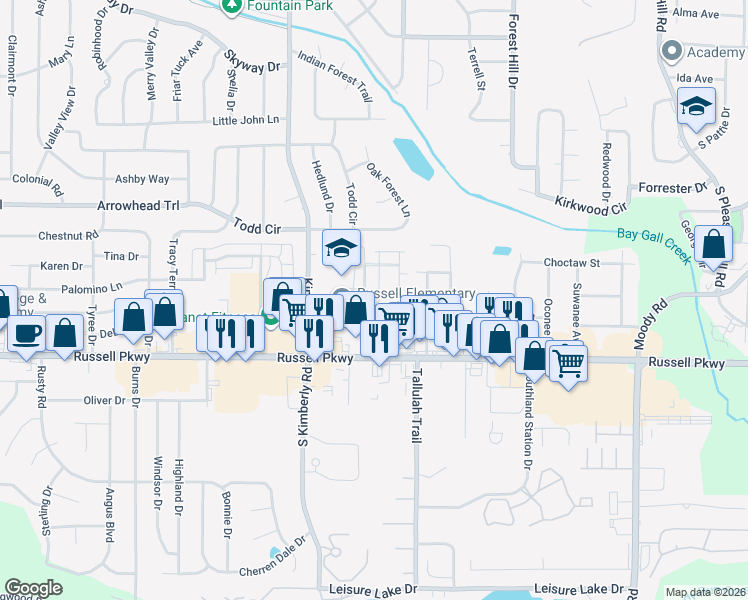 map of restaurants, bars, coffee shops, grocery stores, and more near 106 Stoneridge Drive in Warner Robins