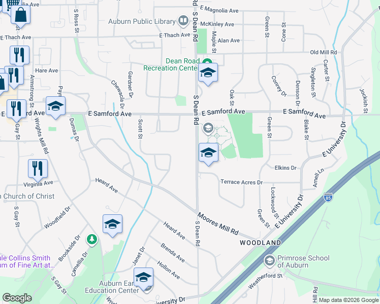 map of restaurants, bars, coffee shops, grocery stores, and more near 454 South Dean Road in Auburn