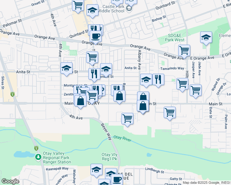 map of restaurants, bars, coffee shops, grocery stores, and more near 227 Montgomery Street in Chula Vista