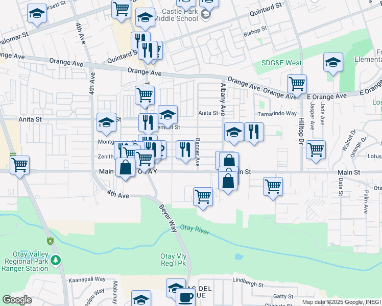map of restaurants, bars, coffee shops, grocery stores, and more near 214 Zenith Street in Chula Vista