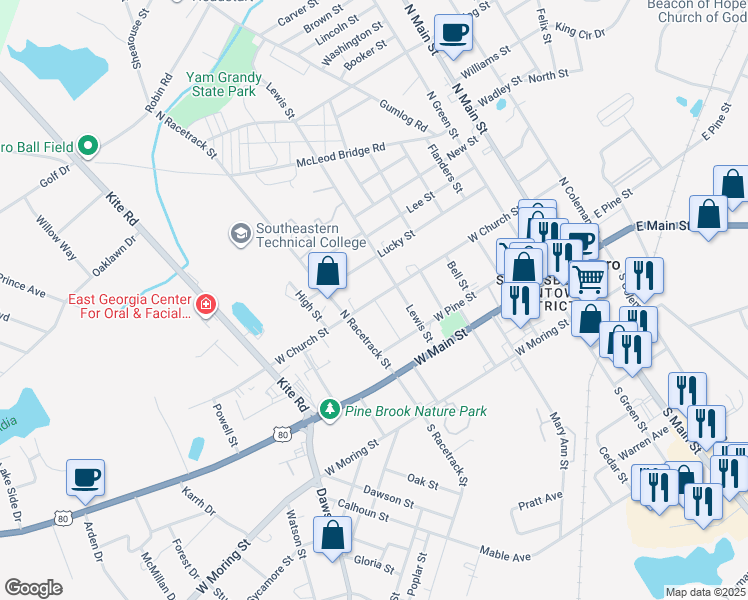 map of restaurants, bars, coffee shops, grocery stores, and more near West Church Street in Swainsboro