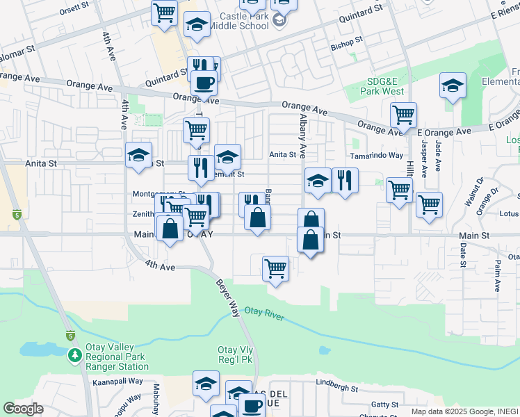 map of restaurants, bars, coffee shops, grocery stores, and more near 227 Montgomery Street in Chula Vista
