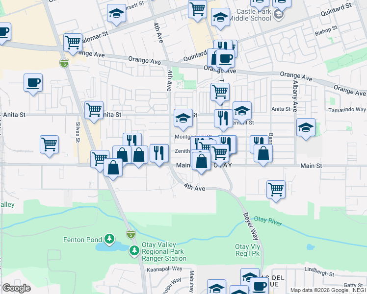 map of restaurants, bars, coffee shops, grocery stores, and more near 363 Montgomery Street in Chula Vista