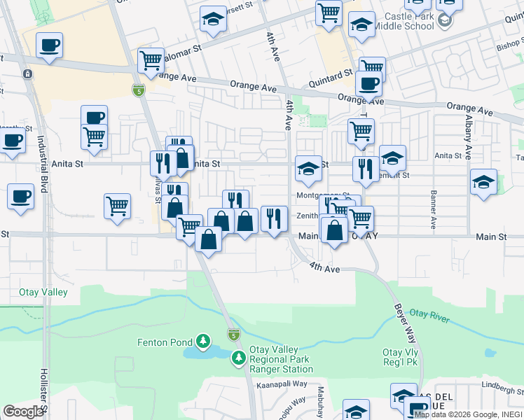 map of restaurants, bars, coffee shops, grocery stores, and more near 433 Montgomery Street in Chula Vista