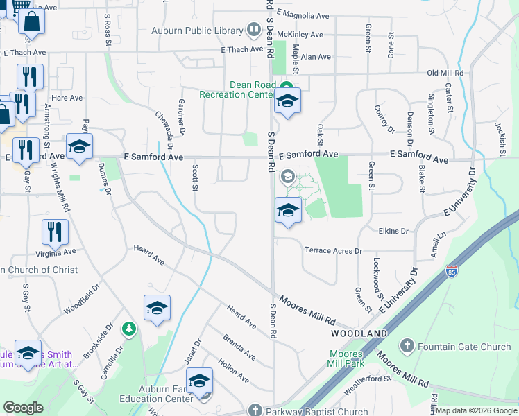 map of restaurants, bars, coffee shops, grocery stores, and more near 454 South Dean Road in Auburn