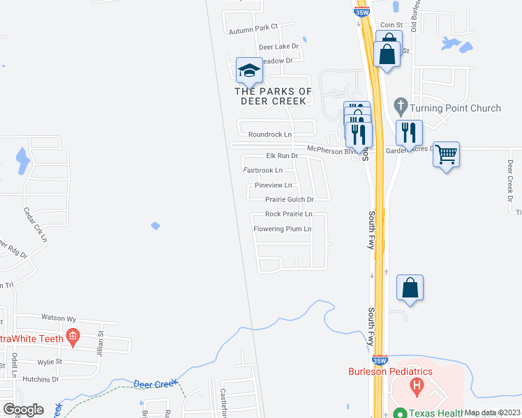 map of restaurants, bars, coffee shops, grocery stores, and more near 524 Rock Prairie Lane in Fort Worth