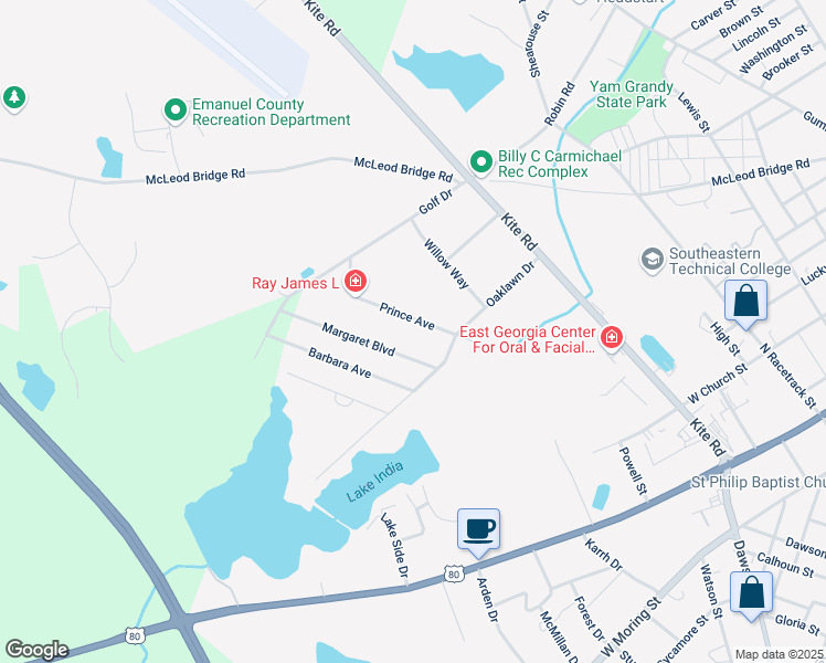 map of restaurants, bars, coffee shops, grocery stores, and more near 517 Prince Avenue in Swainsboro