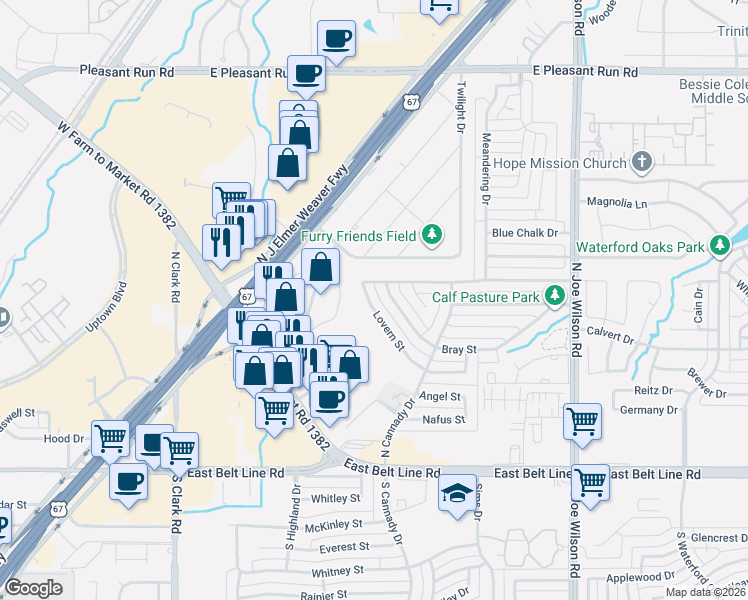 map of restaurants, bars, coffee shops, grocery stores, and more near 708 Lovern Street in Cedar Hill