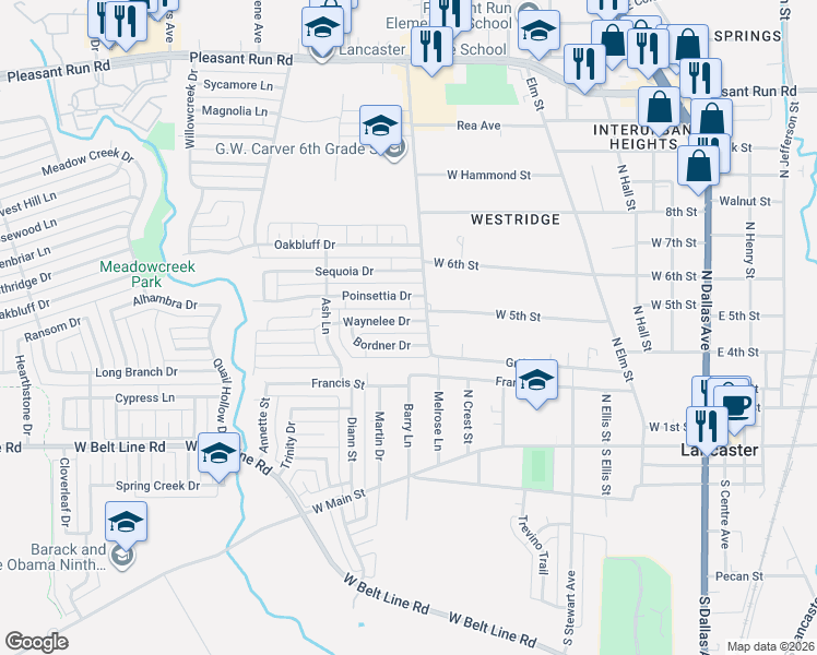 map of restaurants, bars, coffee shops, grocery stores, and more near 701 Waynelee Drive in Lancaster
