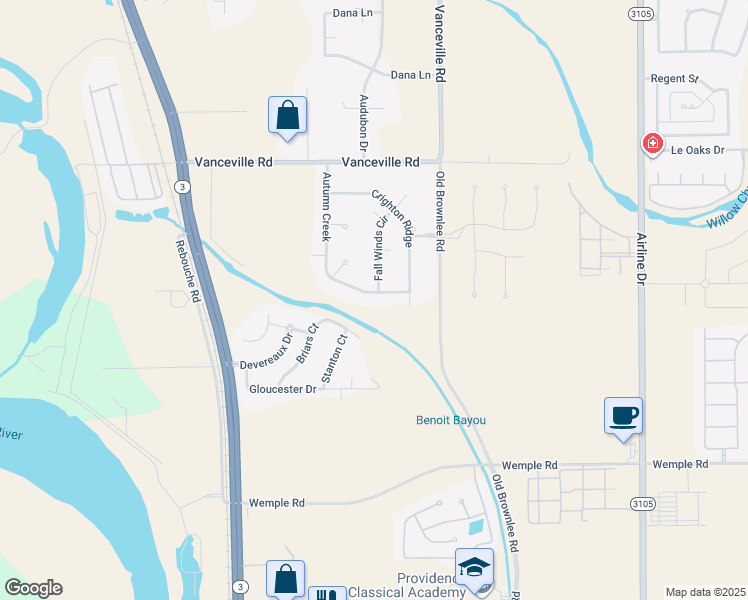 map of restaurants, bars, coffee shops, grocery stores, and more near 134 Autumn Creek in Bossier City