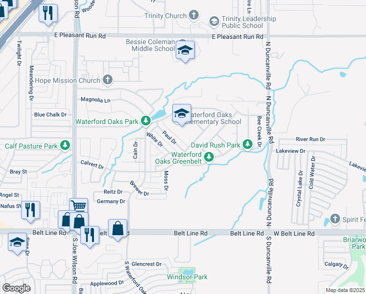 map of restaurants, bars, coffee shops, grocery stores, and more near 1226 Paul Drive in Cedar Hill