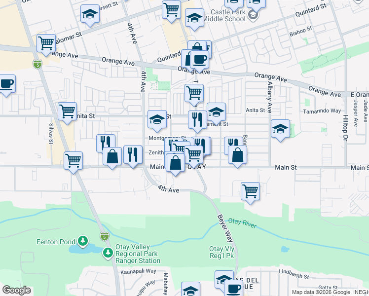 map of restaurants, bars, coffee shops, grocery stores, and more near 331 Montgomery Street in Chula Vista