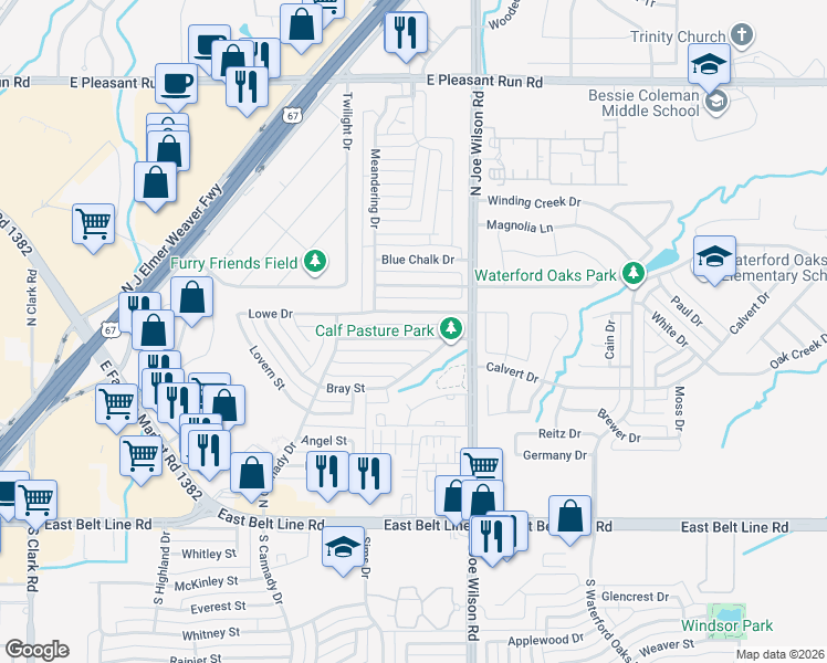 map of restaurants, bars, coffee shops, grocery stores, and more near 915 Moore Street in Cedar Hill