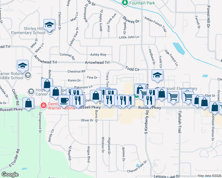 map of restaurants, bars, coffee shops, grocery stores, and more near 438-446 Palomino Lane in Warner Robins