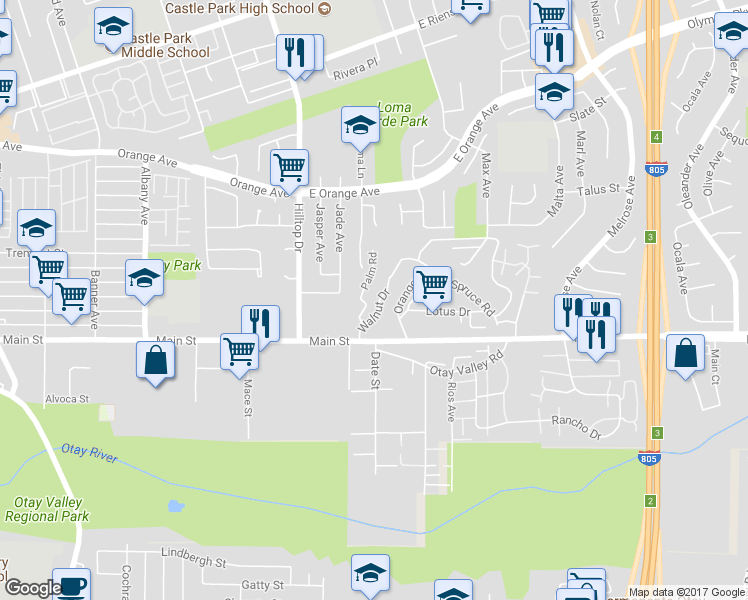 map of restaurants, bars, coffee shops, grocery stores, and more near 36 Walnut Drive in Chula Vista