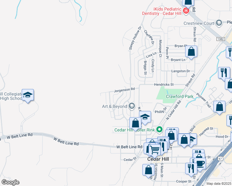 map of restaurants, bars, coffee shops, grocery stores, and more near 435 Northwood Trail in Cedar Hill