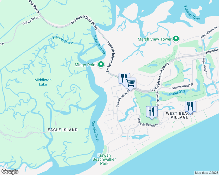 map of restaurants, bars, coffee shops, grocery stores, and more near 115 Bobcat Lane in Kiawah Island