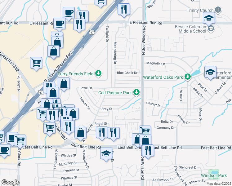 map of restaurants, bars, coffee shops, grocery stores, and more near 873 Moore Street in Cedar Hill