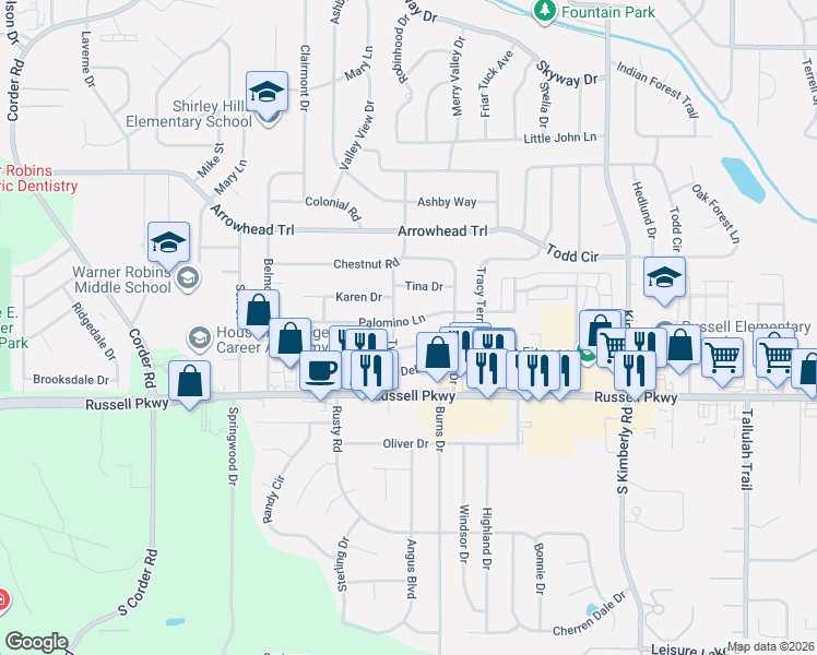 map of restaurants, bars, coffee shops, grocery stores, and more near 301 Palomino Lane in Warner Robins