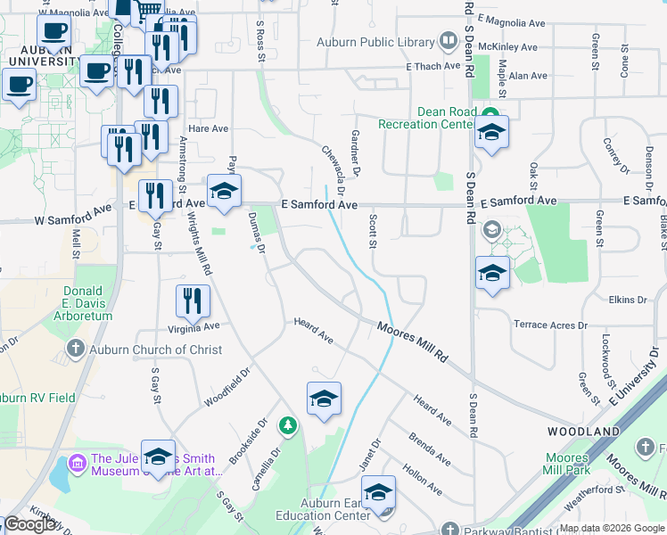 map of restaurants, bars, coffee shops, grocery stores, and more near 556 Sherwood Drive in Auburn
