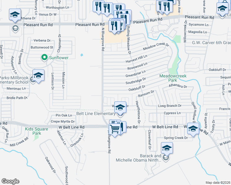 map of restaurants, bars, coffee shops, grocery stores, and more near 1349 Oakbluff Drive in Lancaster