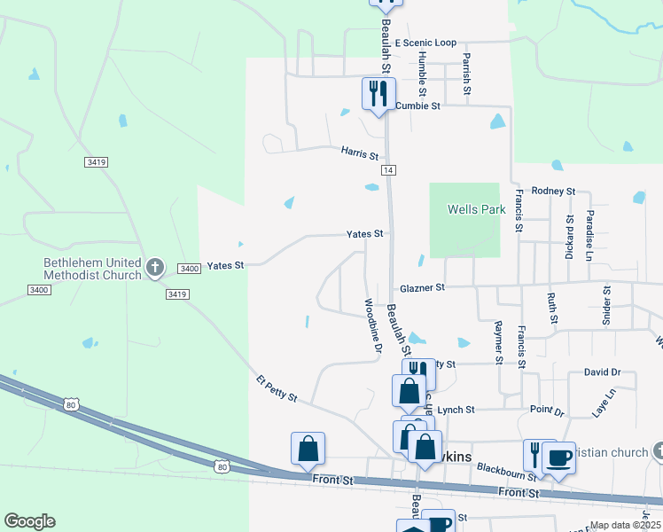 map of restaurants, bars, coffee shops, grocery stores, and more near 276 Rodessa Drive in Hawkins