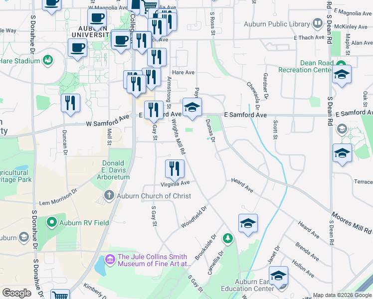 map of restaurants, bars, coffee shops, grocery stores, and more near 523 Wrights Mill Road in Auburn