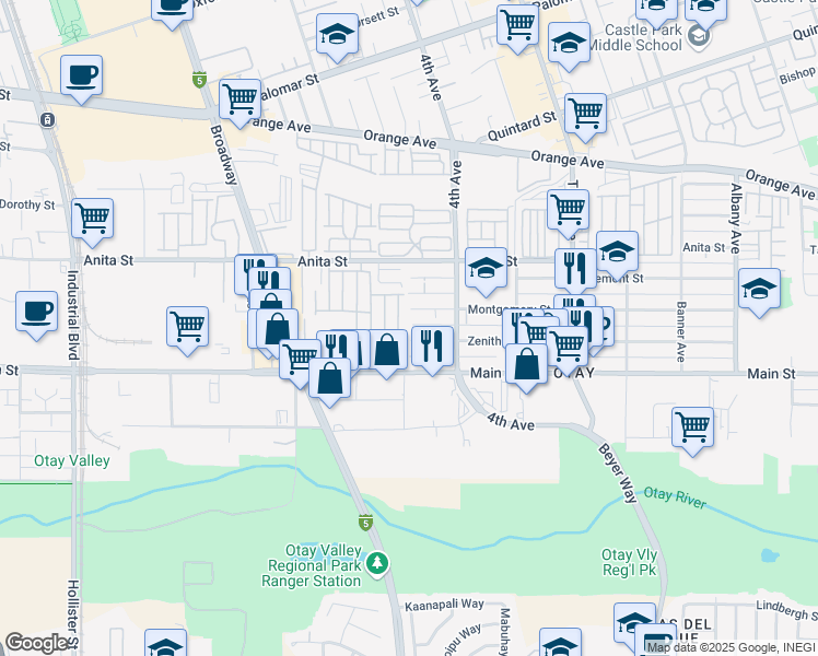 map of restaurants, bars, coffee shops, grocery stores, and more near 448-50 Zenith Street in Chula Vista