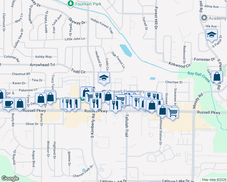 map of restaurants, bars, coffee shops, grocery stores, and more near 144 Stoneridge Drive in Warner Robins