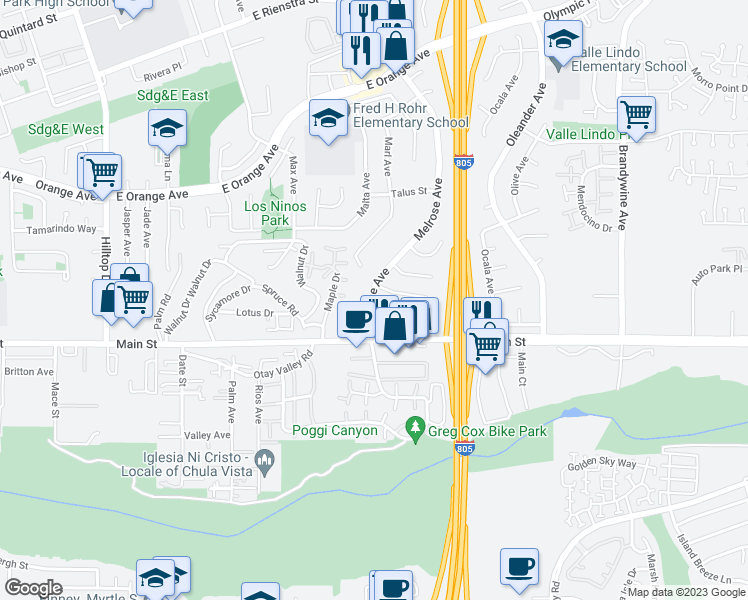 map of restaurants, bars, coffee shops, grocery stores, and more near 1668 Melrose Avenue in Chula Vista