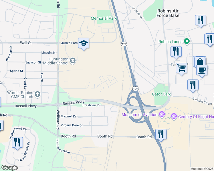 map of restaurants, bars, coffee shops, grocery stores, and more near 298 Wynn Place in Warner Robins